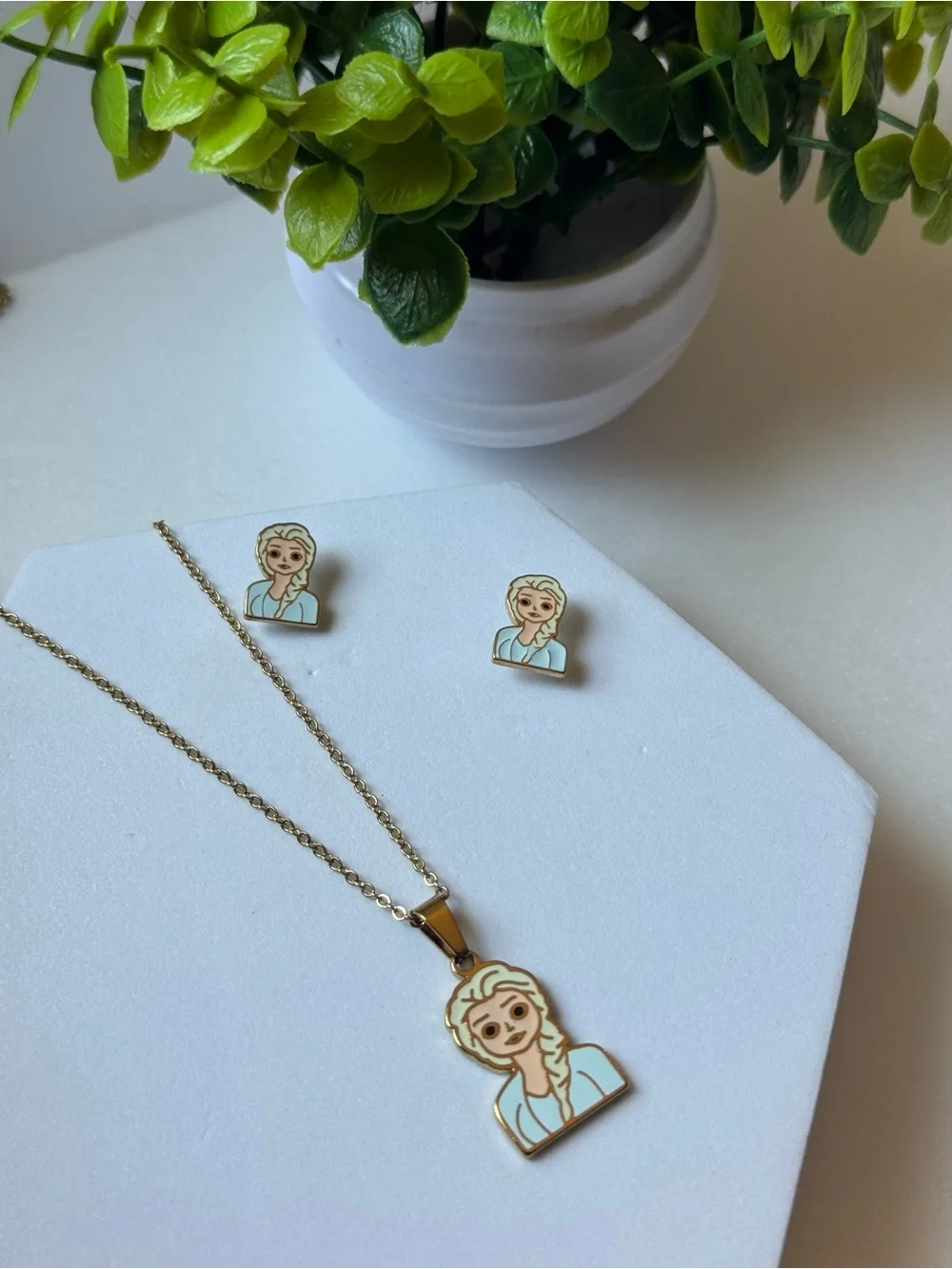 Gold Enamel Cartoon Girl Necklace & Studs - Light Blue